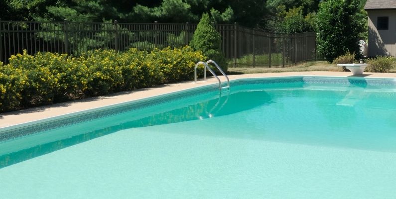 image of cement inground pool in a backyard with landscaping